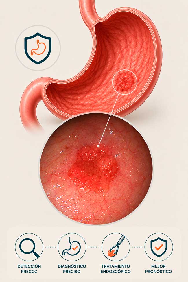 Cáncer gástrico precoz identificado mediante gastroscopia en una fase temprana. Especialista del cáncer gástrico precoz en Mérida y Don Benito, Badajoz.