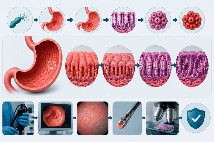 Cambios celulares en la mucosa gástrica desde gastritis atrófica hasta displasia gástrica 