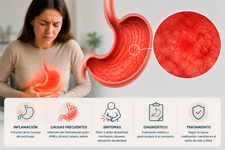 Ilustración anatómica del estómago inflamado junto a una paciente con dolor abdominal y detalle ampliado de la mucosa gástrica.