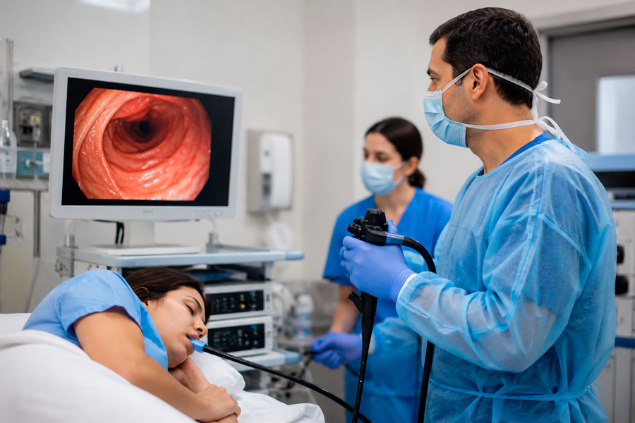 Especialista realizando una endoscopia digestiva mientras observa imágenes del interior del tubo digestivo en un monitor.