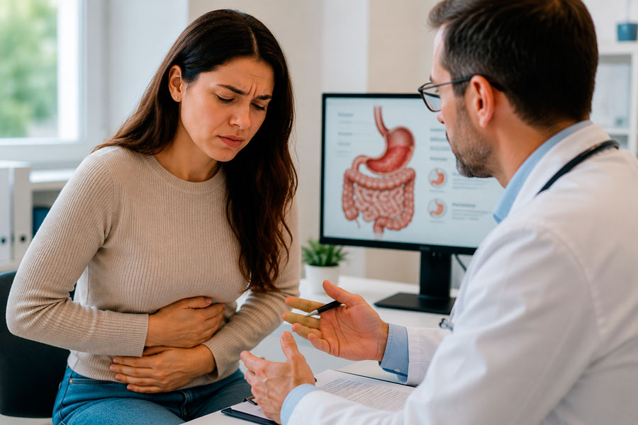 Paciente con dolor abdominal durante una consulta con un especialista en aparato digestivo.